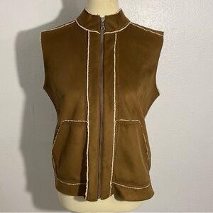 J. Jill Brown Faux Suede Sherpa-Lined Vest Women’s Size S Front Pockets Vegan